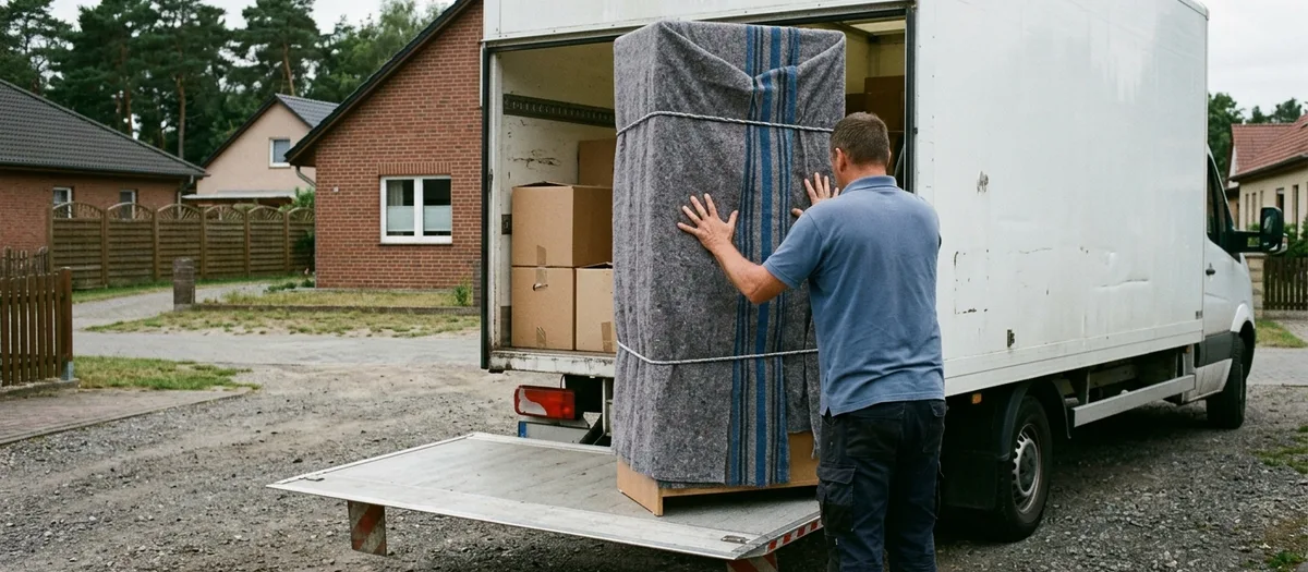 Ein Mann hält mit beiden flachen Händen einen hohen, in graue Decken gehüllten und gegurteten Schrank fest, der aufrecht auf der abgesenkten Ladebordwand steht.