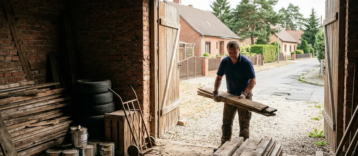 Blick aus der Scheune durch das offene Holztor: ein Helfer mit Handschuhen trägt alte Bretter hinaus, drinnen Altreifen, Sackkarre und Farbeimer.