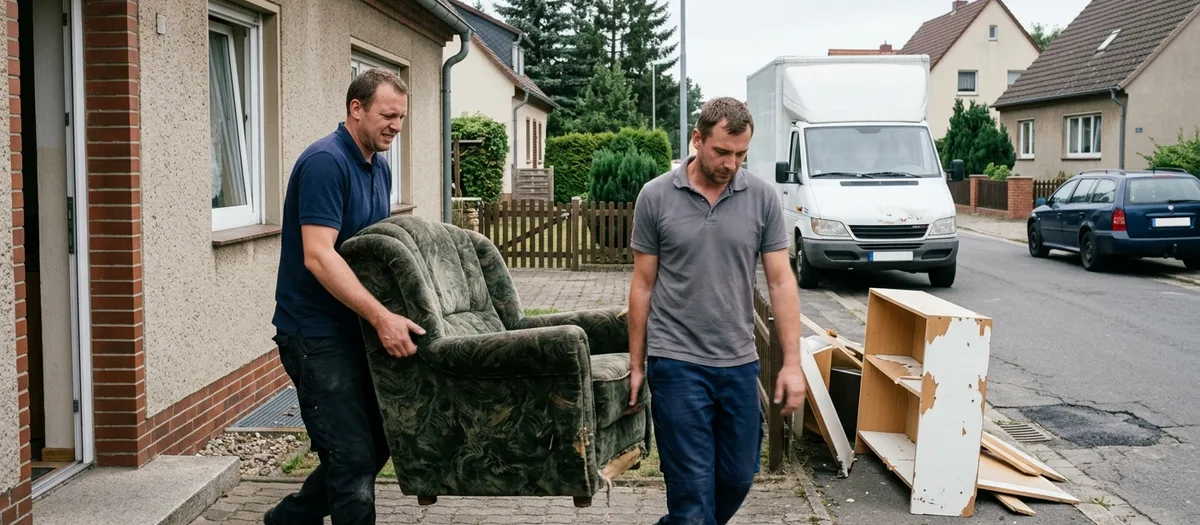 Zwei Helfer in einfarbigen Polohemden tragen einen abgewetzten Sessel vom Hauseingang zur Straße, am Bordstein liegen Bretter eines zerlegten Regals.