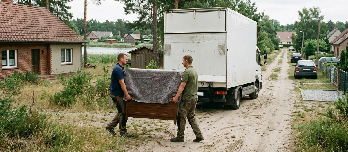 Zwei Träger in blauem und olivgrünem Polo balancieren eine Kommode unter grauer Umzugsdecke über einen Sandweg, dahinter steht der Kofferwagen.