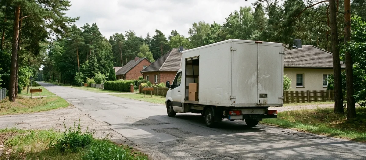 Kofferwagen mit offener Seitentür steht auf der frisch geflickten Dorfstraße, im Laderaum stapeln sich Kartons, ringsum stehen Kiefern.