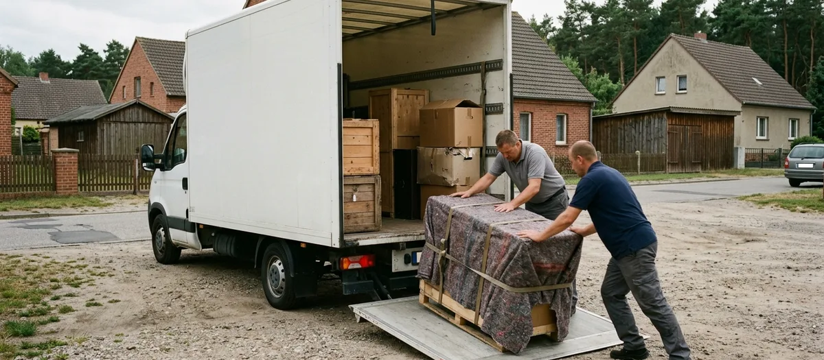 Zwei Männer schieben eine gegurtete, in Decken gewickelte Kiste auf einer Palette über die Ladeklappe in den halb gefüllten Koffer, beide stemmen sich dagegen.