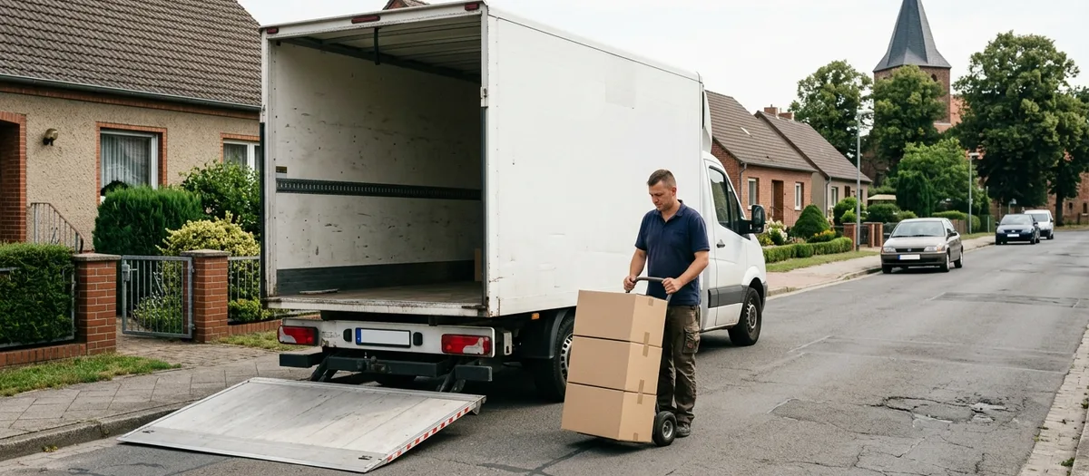 Mann im dunkelblauen Polo zieht drei gestapelte Kartons auf der Sackkarre zur heruntergelassenen Ladebordwand eines weißen Kofferwagens.