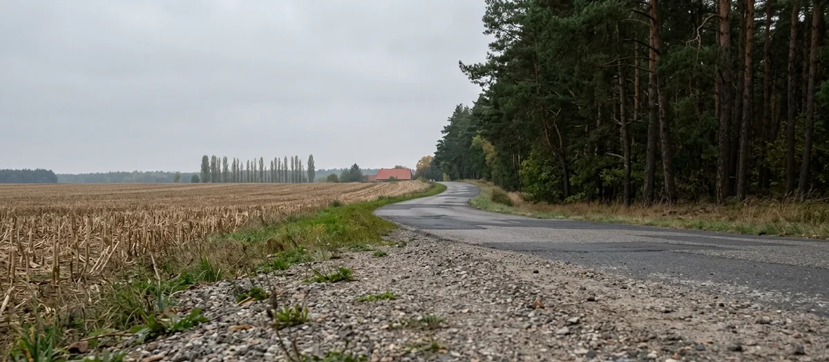 Eine leere Landstraße mit geflicktem Belag führt zwischen einem abgeernteten Feld und einem Kiefernwald davon, in der Ferne ein rotes Dach und eine Pappelreihe.