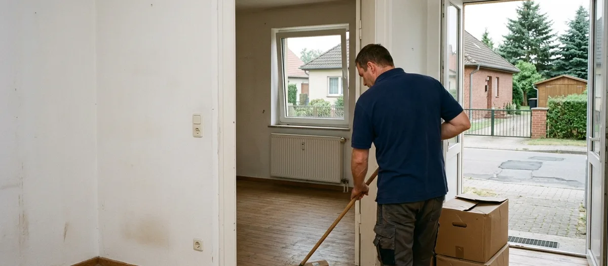Ein Mann kehrt mit einem Holzbesen die leere Wohnung aus, die Haustür steht offen, rechts neben ihm stapeln sich schon gepackte Kartons.